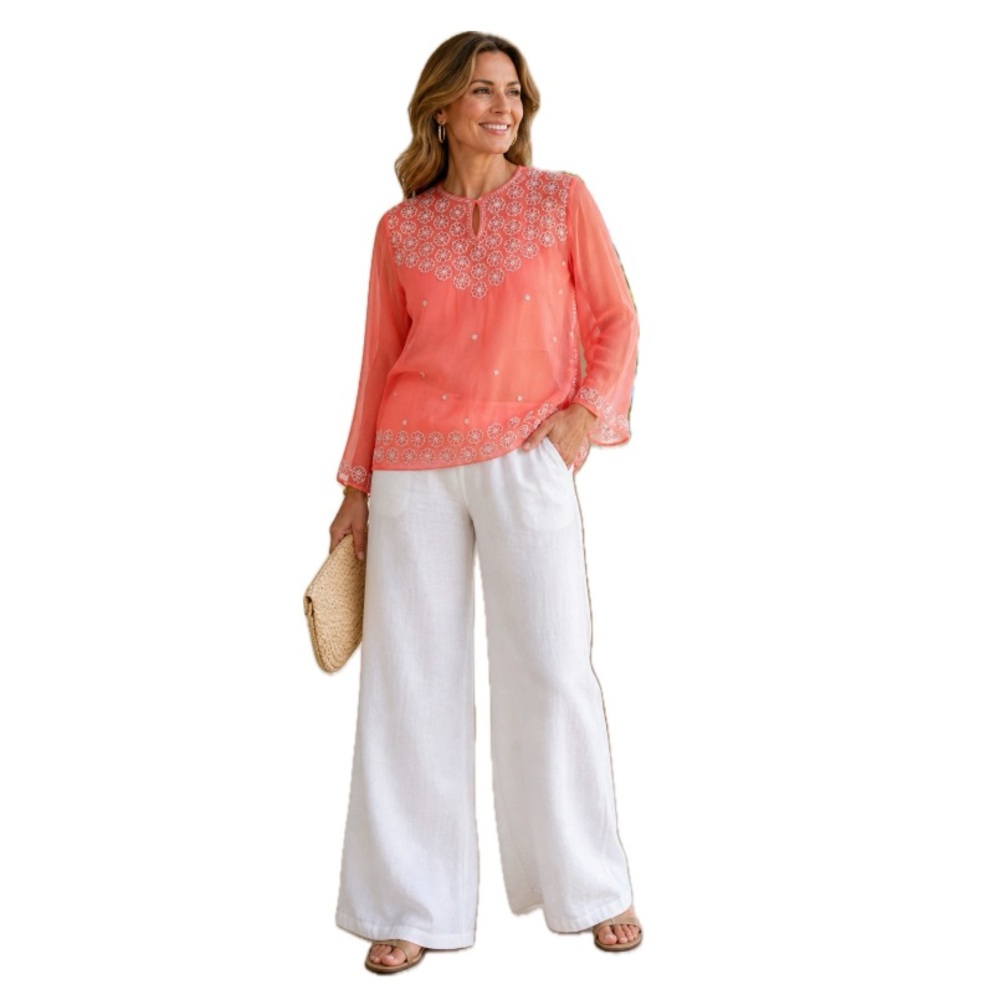 Cejon Coral, Embroidered Beaded Sheer Blouse Boho Resort Top, Size L NWT